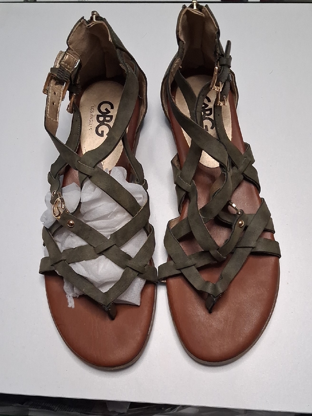 GBG Los Angeles Olive Strappy Crisscross Sandals with Tan Footbed